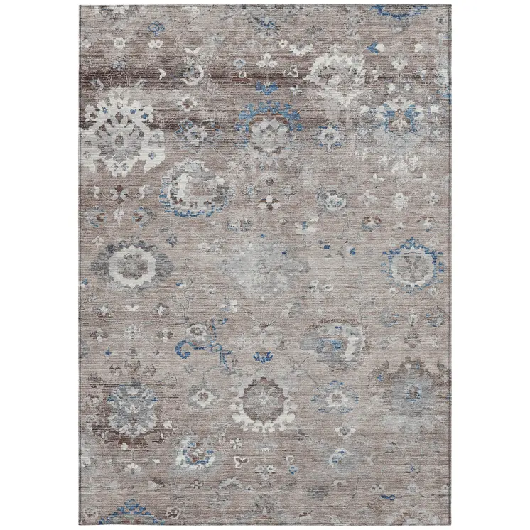 10' X 14' Taupe And Brown Floral Washable Indoor Outdoor Area Rug