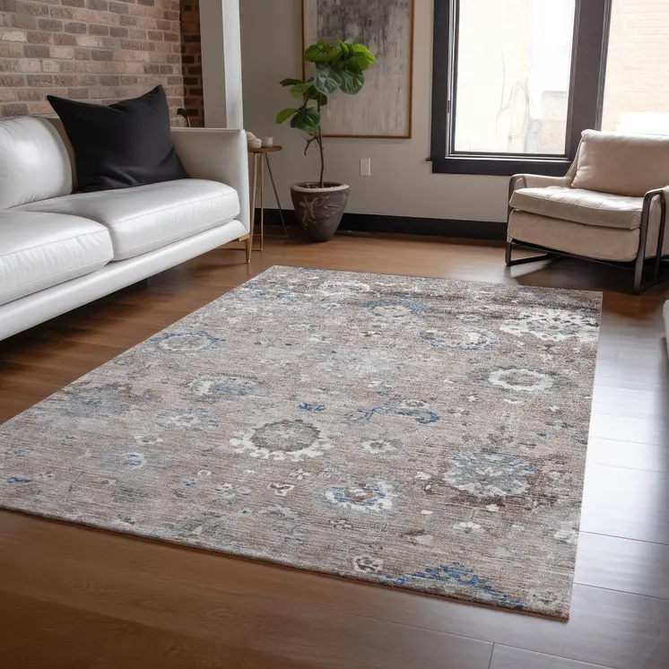 10' X 14' Taupe And Brown Floral Washable Indoor Outdoor Area Rug