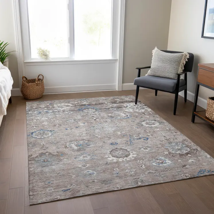 10' X 14' Taupe And Brown Floral Washable Indoor Outdoor Area Rug