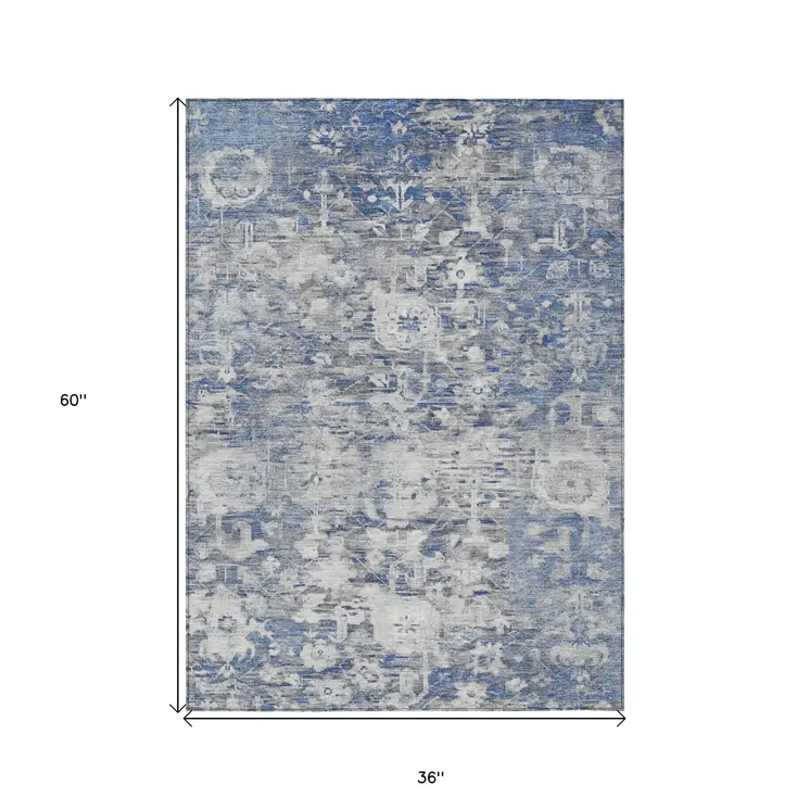 3' X 5' Blue And Denim Blue Floral Washable Indoor Outdoor Area Rug