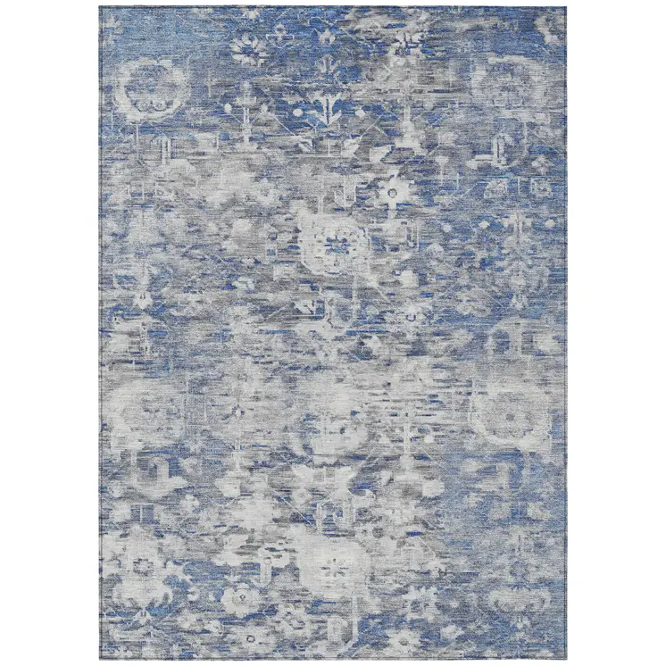 3' X 5' Blue And Denim Blue Floral Washable Indoor Outdoor Area Rug