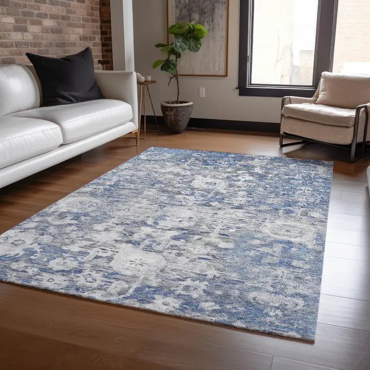 3' X 5' Blue And Denim Blue Floral Washable Indoor Outdoor Area Rug