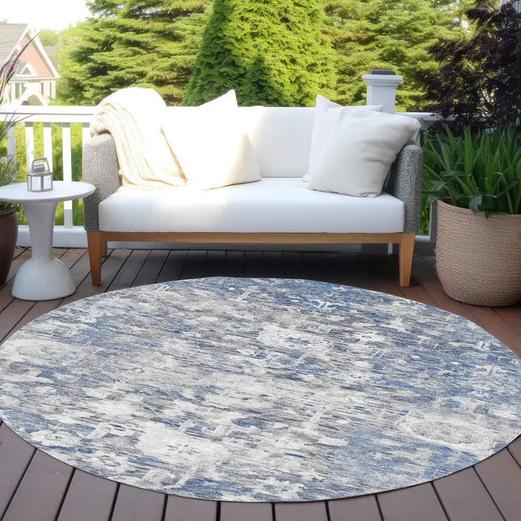 8' Blue And Denim Blue Round Floral Washable Indoor Outdoor Area Rug