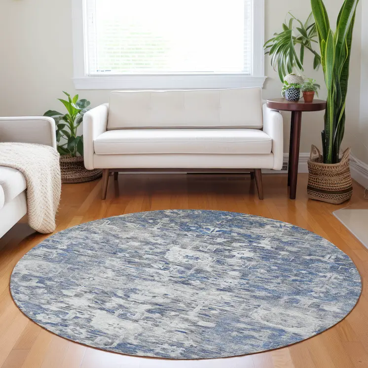 8' Blue And Denim Blue Round Floral Washable Indoor Outdoor Area Rug