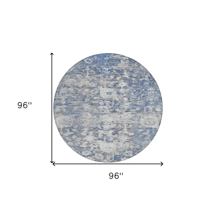 8' Blue And Denim Blue Round Floral Washable Indoor Outdoor Area Rug