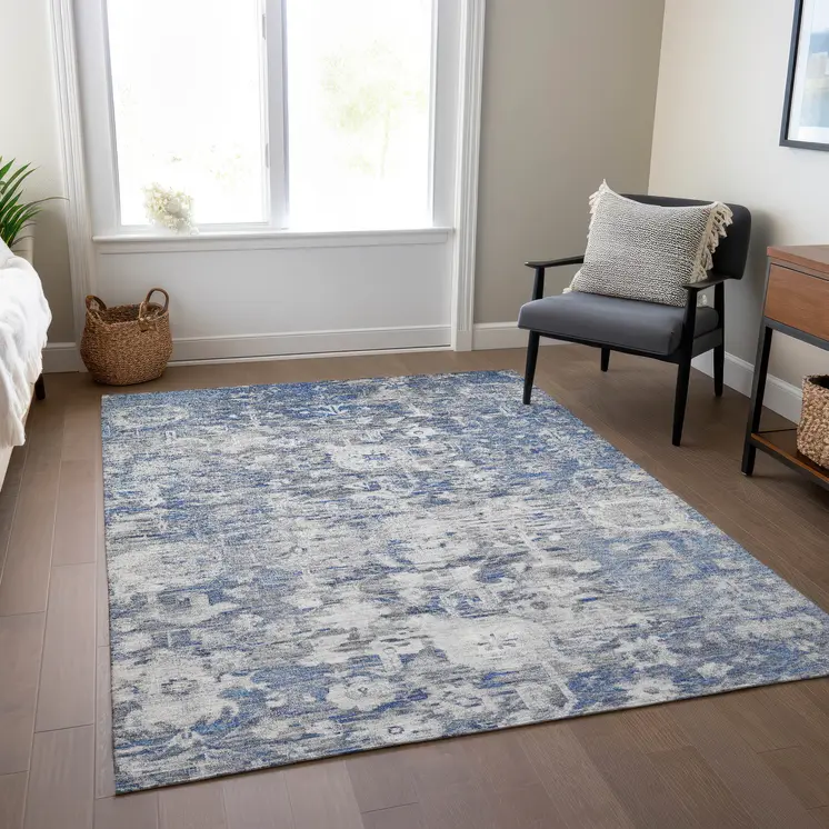 10' X 14' Blue And Denim Blue Floral Washable Indoor Outdoor Area Rug