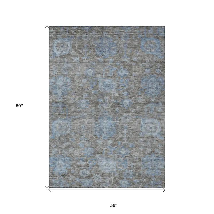 3' X 5' Gray And Silver Floral Washable Indoor Outdoor Area Rug