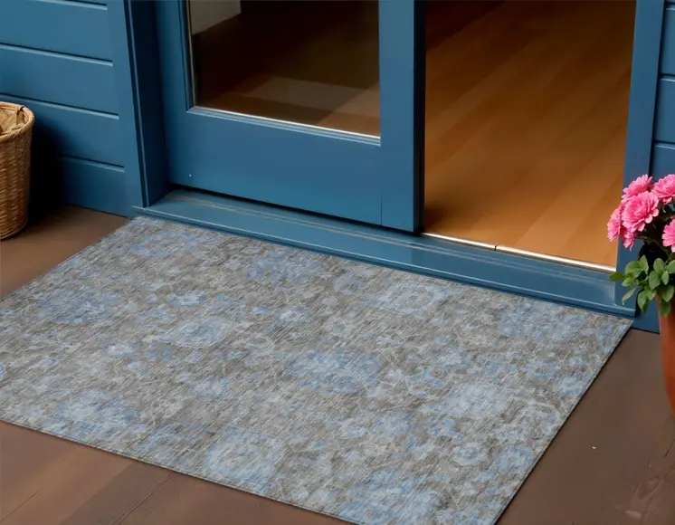 3' X 5' Gray And Silver Floral Washable Indoor Outdoor Area Rug