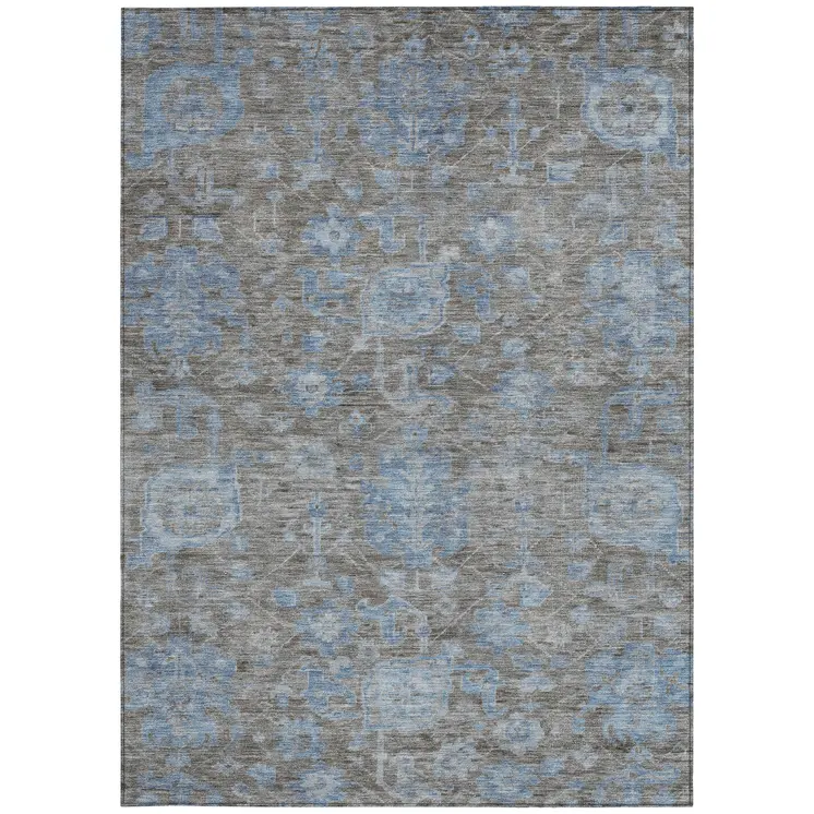 3' X 5' Gray And Silver Floral Washable Indoor Outdoor Area Rug