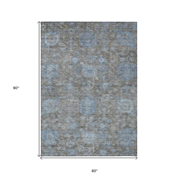 5' X 8' Gray And Silver Floral Washable Indoor Outdoor Area Rug