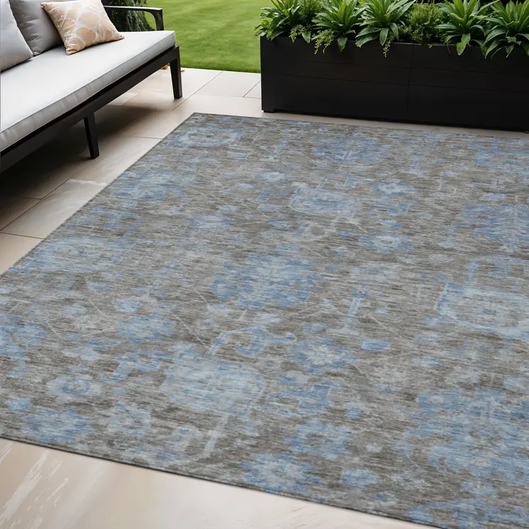 5' X 8' Gray And Silver Floral Washable Indoor Outdoor Area Rug