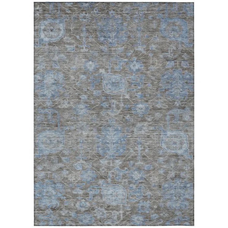 5' X 8' Gray And Silver Floral Washable Indoor Outdoor Area Rug