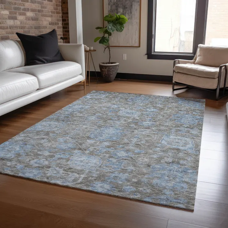 5' X 8' Gray And Silver Floral Washable Indoor Outdoor Area Rug