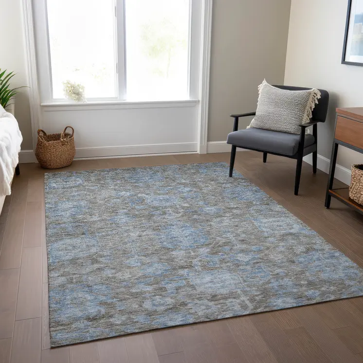 5' X 8' Gray And Silver Floral Washable Indoor Outdoor Area Rug