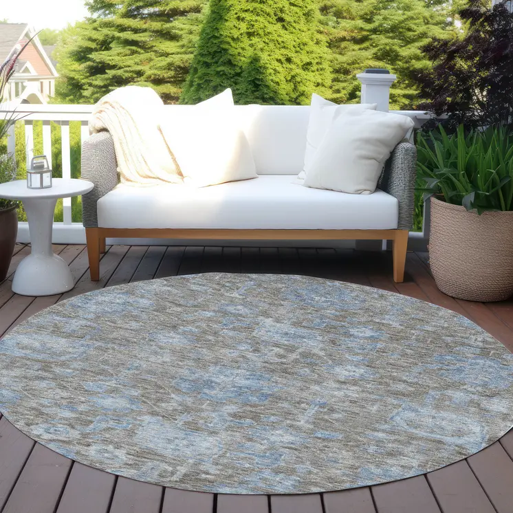 8' Gray And Silver Round Floral Washable Indoor Outdoor Area Rug