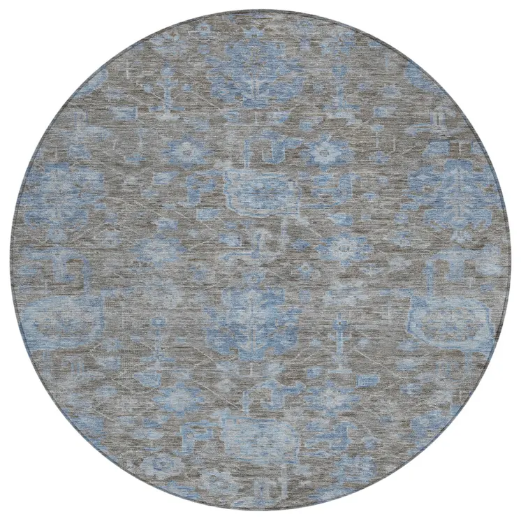 8' Gray And Silver Round Floral Washable Indoor Outdoor Area Rug