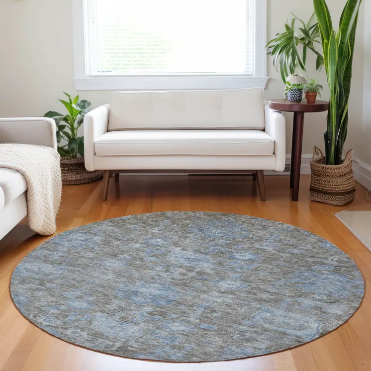 8' Gray And Silver Round Floral Washable Indoor Outdoor Area Rug
