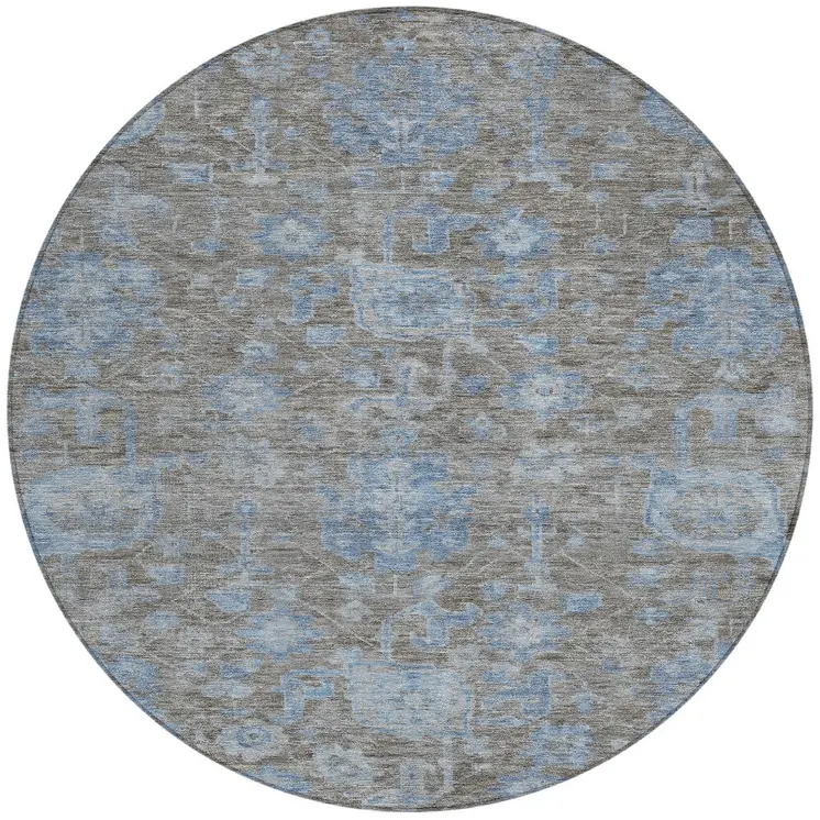 8' Gray And Silver Round Floral Washable Indoor Outdoor Area Rug