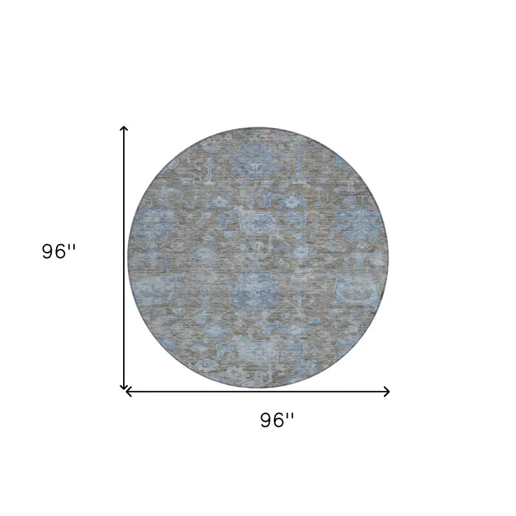 8' Gray And Silver Round Floral Washable Indoor Outdoor Area Rug