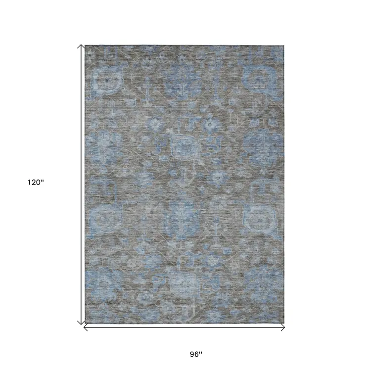 8' X 10' Gray And Silver Floral Washable Indoor Outdoor Area Rug