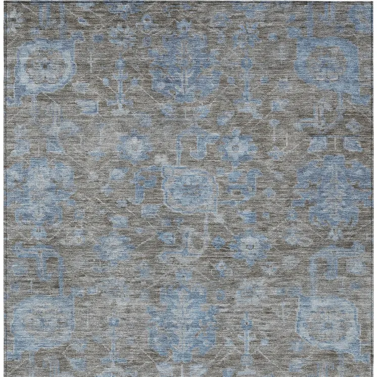 10' X 14' Gray And Silver Floral Washable Indoor Outdoor Area Rug