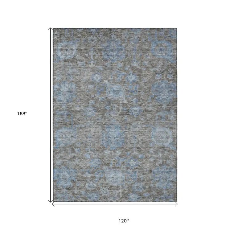 10' X 14' Gray And Silver Floral Washable Indoor Outdoor Area Rug
