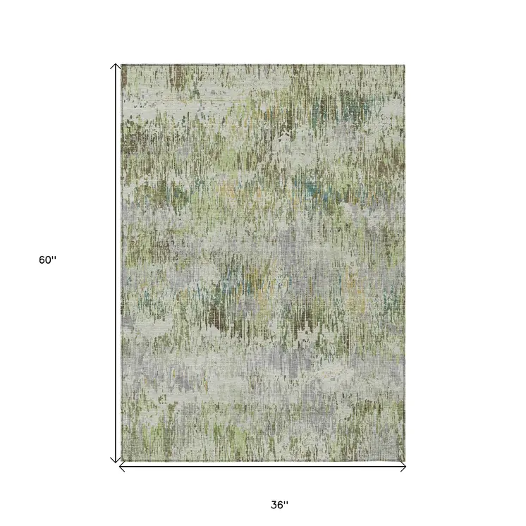 3' X 5' Artichoke Green And Fern Green Striped Washable Indoor Outdoor Area Rug