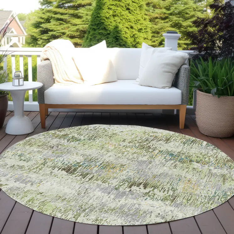 8' Artichoke Green And Fern Green Round Striped Washable Indoor Outdoor Area Rug