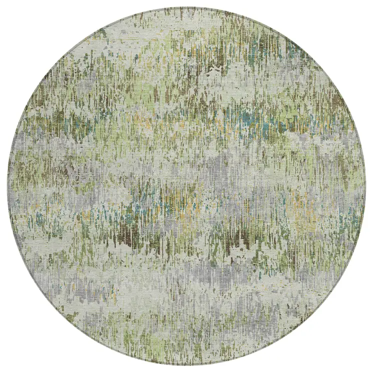 8' Artichoke Green And Fern Green Round Striped Washable Indoor Outdoor Area Rug