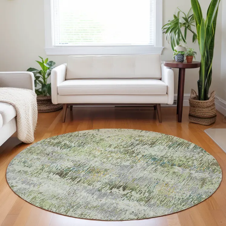 8' Artichoke Green And Fern Green Round Striped Washable Indoor Outdoor Area Rug
