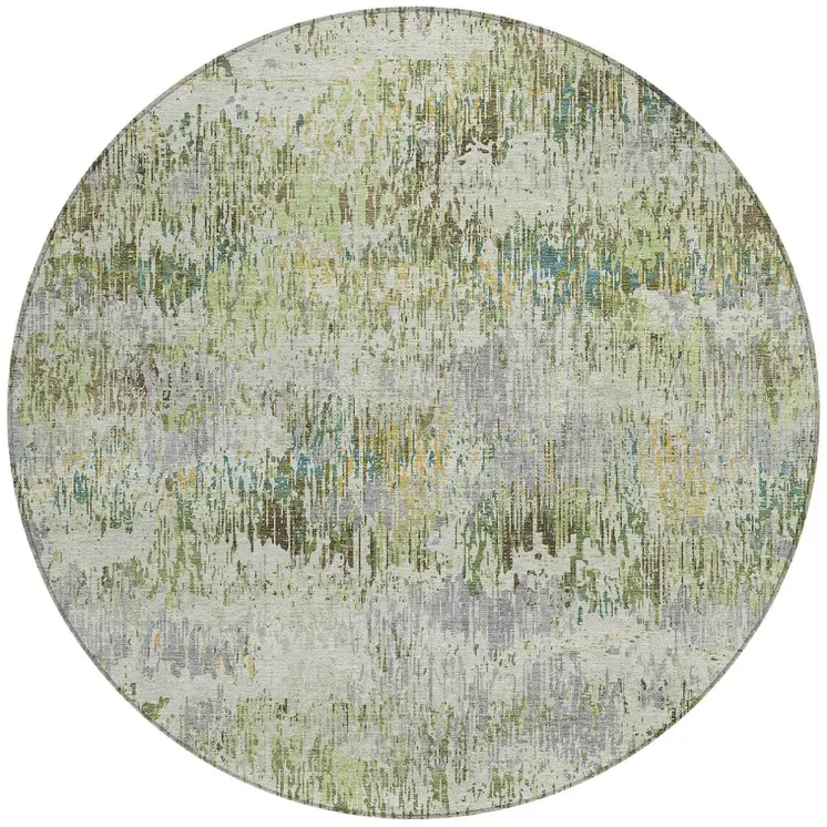 8' Artichoke Green And Fern Green Round Striped Washable Indoor Outdoor Area Rug
