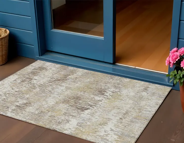 3' X 5' Ivory And Taupe Striped Washable Indoor Outdoor Area Rug