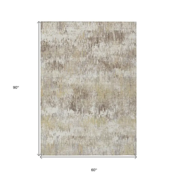 5' X 8' Ivory And Taupe Striped Washable Indoor Outdoor Area Rug