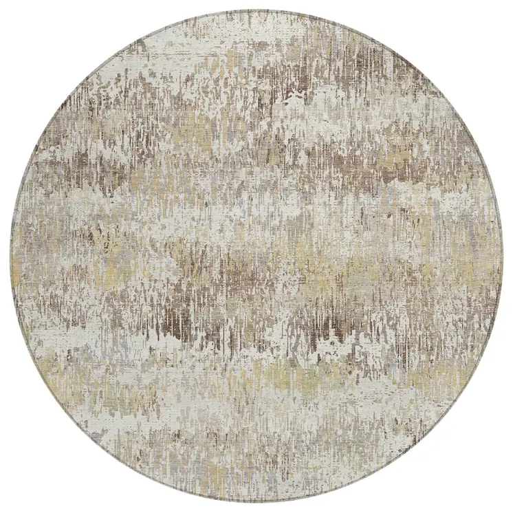 8' Ivory And Taupe Round Striped Washable Indoor Outdoor Area Rug