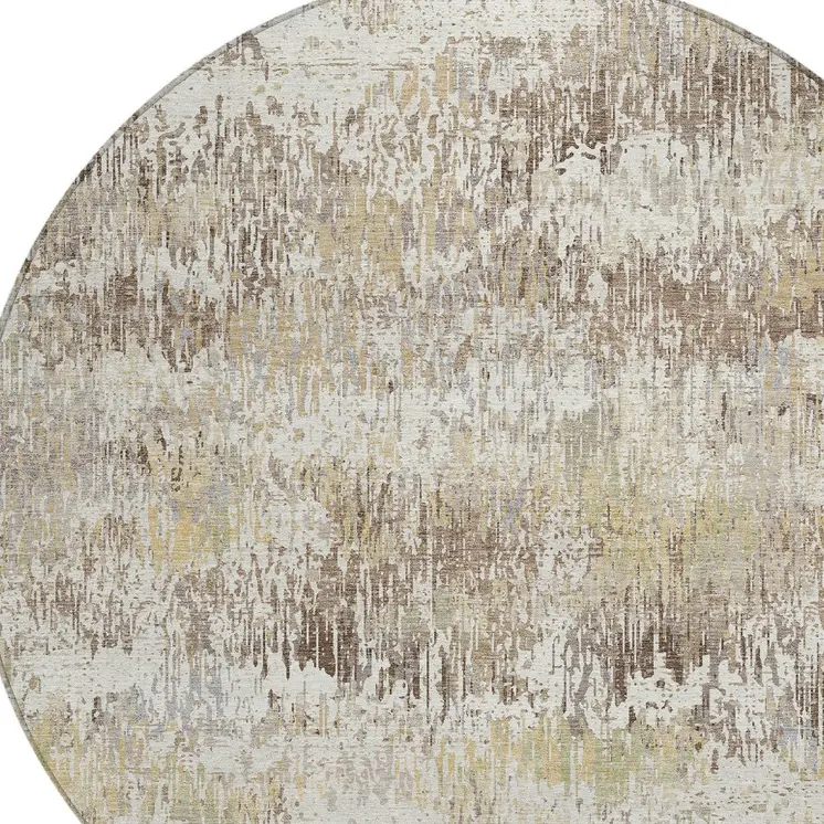 8' Ivory And Taupe Round Striped Washable Indoor Outdoor Area Rug