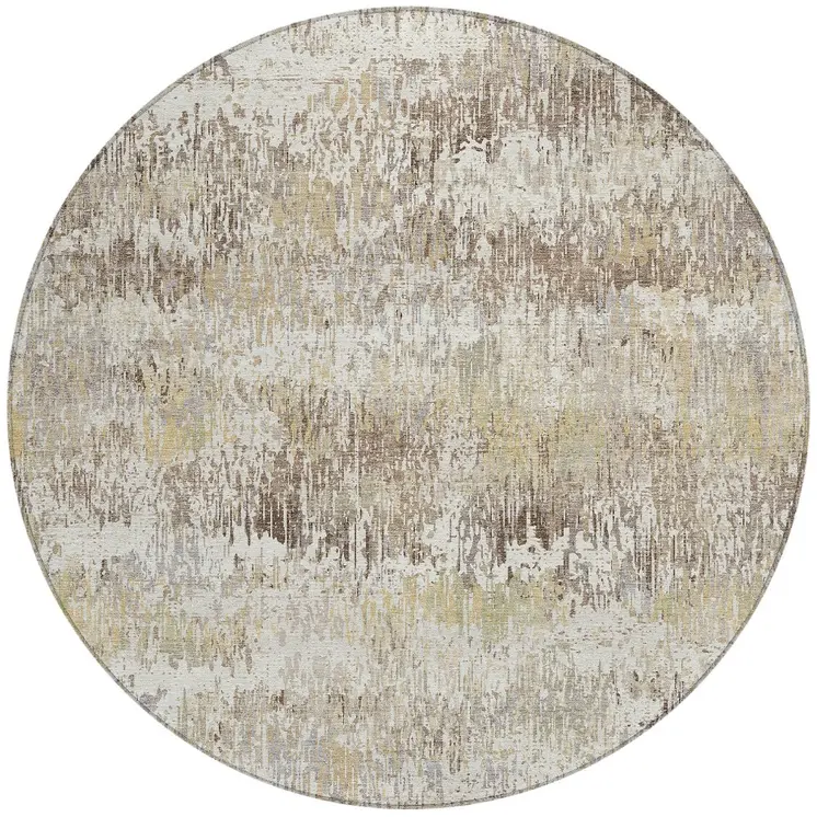 8' Ivory And Taupe Round Striped Washable Indoor Outdoor Area Rug