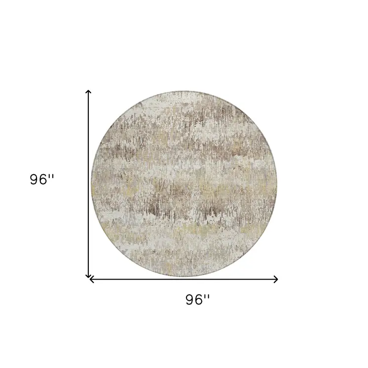 8' Ivory And Taupe Round Striped Washable Indoor Outdoor Area Rug