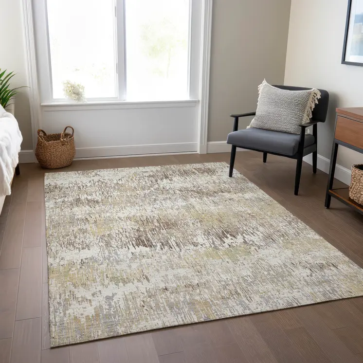 9' X 12' Ivory And Taupe Striped Washable Indoor Outdoor Area Rug
