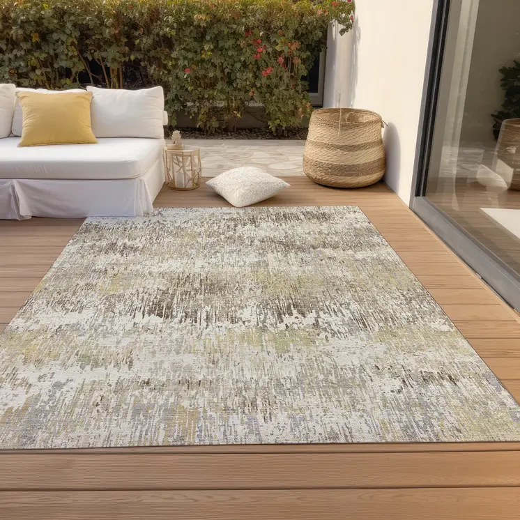 9' X 12' Ivory And Taupe Striped Washable Indoor Outdoor Area Rug