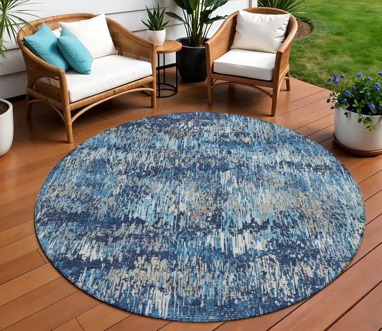 8' Navy Blue And Denim Blue Round Striped Washable Indoor Outdoor Area Rug