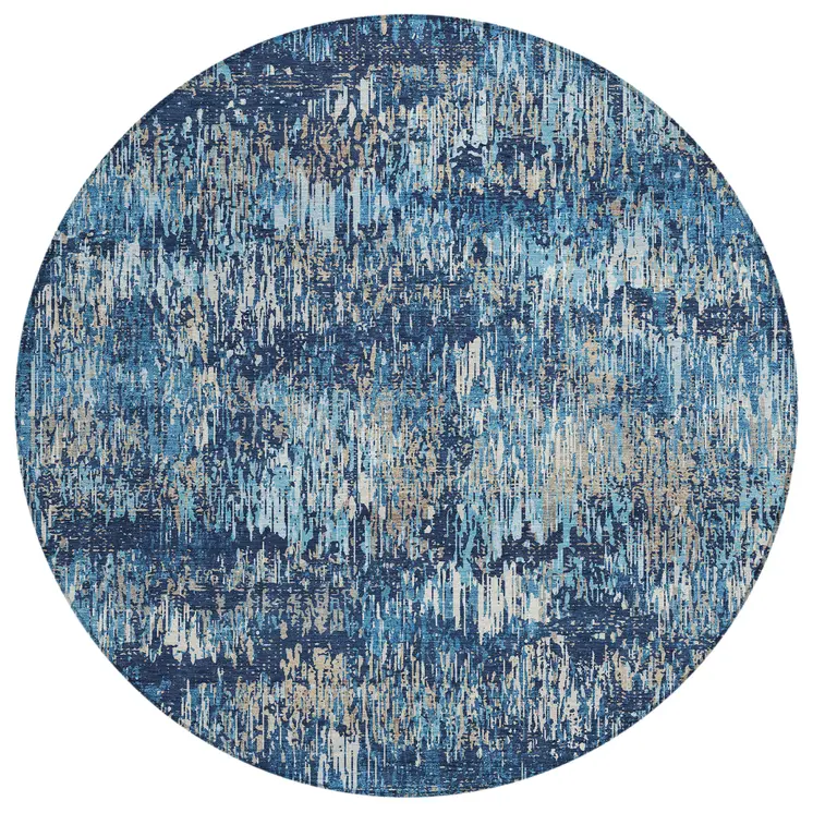 8' Navy Blue And Denim Blue Round Striped Washable Indoor Outdoor Area Rug