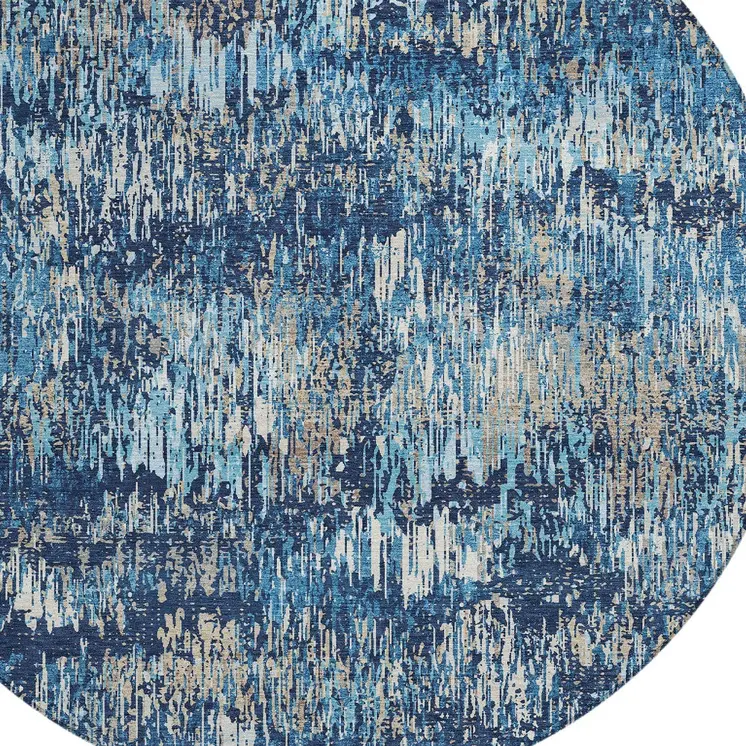 8' Navy Blue And Denim Blue Round Striped Washable Indoor Outdoor Area Rug