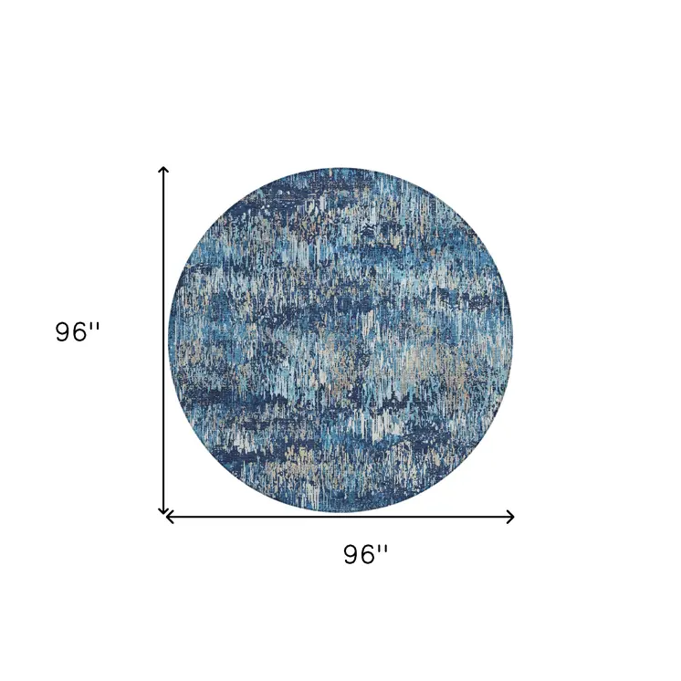 8' Navy Blue And Denim Blue Round Striped Washable Indoor Outdoor Area Rug