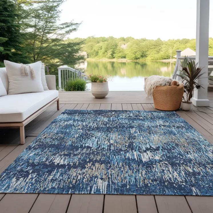 9' X 12' Navy Blue And Denim Blue Striped Washable Indoor Outdoor Area Rug