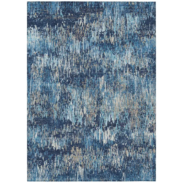 9' X 12' Navy Blue And Denim Blue Striped Washable Indoor Outdoor Area Rug