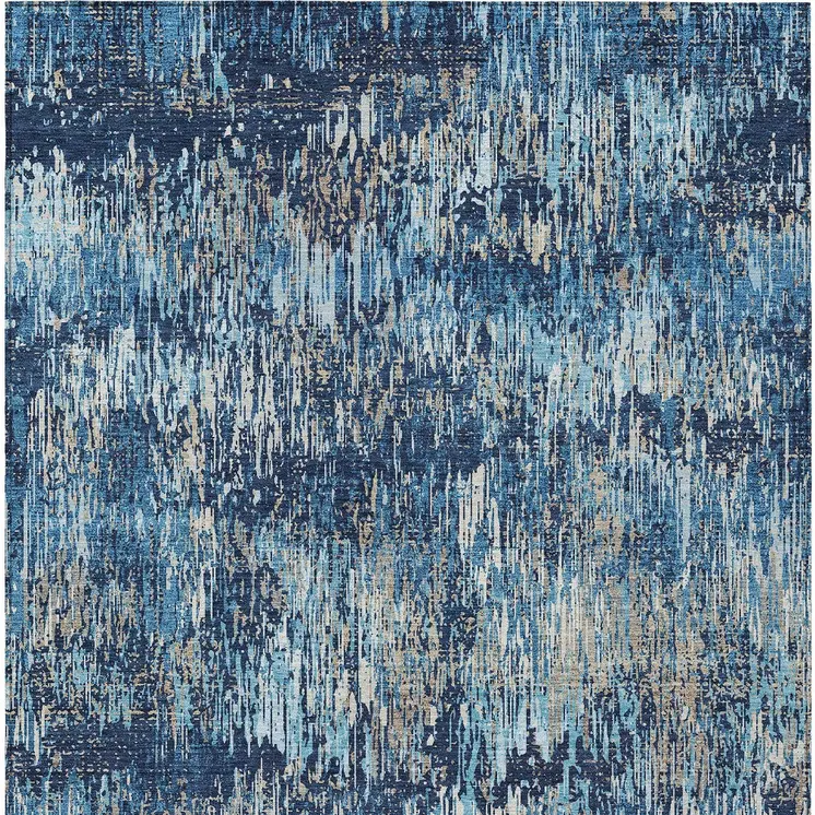 9' X 12' Navy Blue And Denim Blue Striped Washable Indoor Outdoor Area Rug
