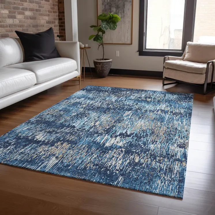 9' X 12' Navy Blue And Denim Blue Striped Washable Indoor Outdoor Area Rug