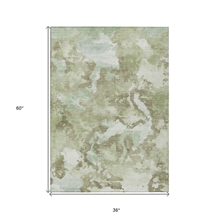 3' X 5' Artichoke Green And Fern Green Abstract Washable Indoor Outdoor Area Rug