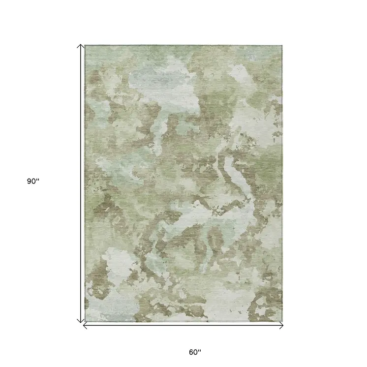 5' X 8' Artichoke Green And Fern Green Abstract Washable Indoor Outdoor Area Rug
