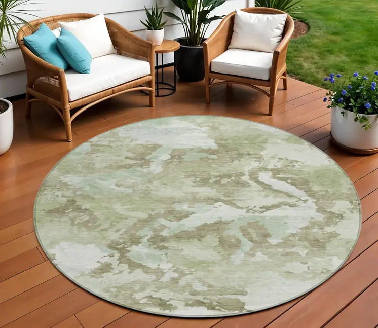 8' Artichoke Green And Fern Green Round Abstract Washable Indoor Outdoor Area Rug